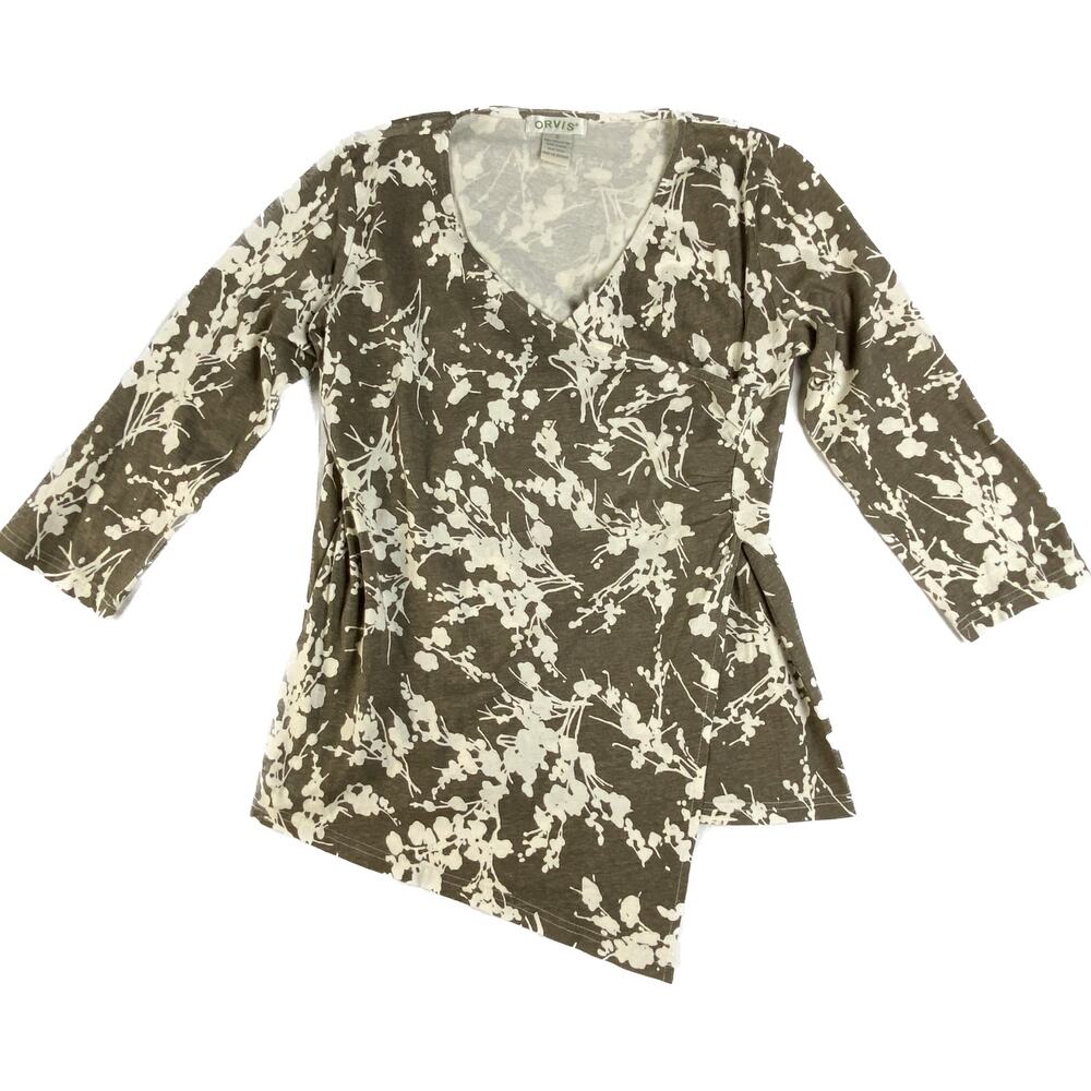 Orvis Top Women S Surplice Neckline 3/4 Sleeves Floral Flowers Brown White - Picture 4 of 7